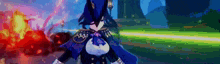 a girl in a blue cape is standing in front of a fire .