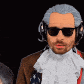 a man wearing a wig and sunglasses has headphones on his head
