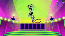 a cartoon character is standing on a stage in a room with a microphone .