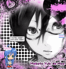 a black and white drawing of a girl with the name makoto yuki de moe