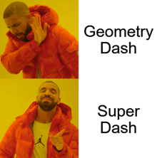 a man in an orange jacket is pointing at a super dash sign