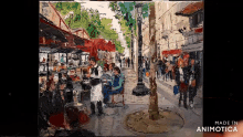 a painting of people sitting at tables on a sidewalk is made in animatica