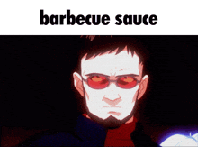 a man holding a gun with the words barbecue sauce written above him