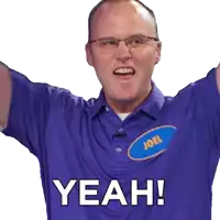 a man in a blue shirt with a name tag that says joel says yeah