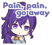 a cartoon of a girl with purple hair holding a bandage and the words pain pain go away
