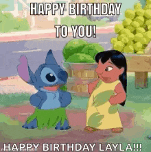 a stitch and a girl from lilo and stitch are standing next to each other and saying happy birthday to you .