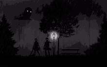 a black and white drawing of two people standing in front of a lightning strike