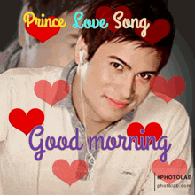 a picture of a man with hearts around him and the words good morning on the bottom