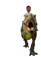 a man is riding on the back of a green dinosaur