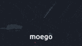 a girl with red hair is holding a sword and the word moego is written below her