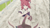 a girl with red hair and a white shirt that says ' tokyo ' on it