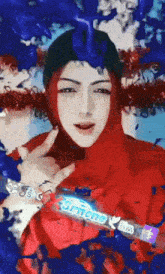 a woman in a red hijab is holding a siren gm
