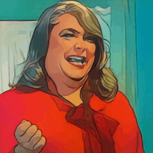 a cartoon drawing of a woman in a red sweater