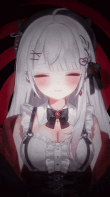 a white haired anime girl with a red heart on her ear