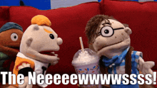 a couple of stuffed animals sitting on a couch with the words the neeeeeewwwwsss written above them
