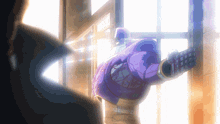 a purple robot is standing in front of a window with the sun shining through it