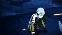a cartoon character with green hair is holding a gun