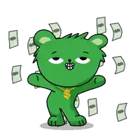 a green teddy bear with a gold chain around his neck is surrounded by money