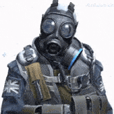 a man wearing a gas mask with the letters ak on his sleeve