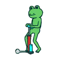 a green frog is pumping a red and blue object .