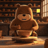 a brown bear is sitting on a pottery wheel with a bowl