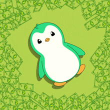 a green penguin is laying on a pile of green dollar bills