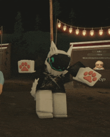 a video game character is standing in front of a shop