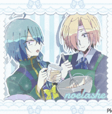 a picture of two anime characters with the word noelashe on the bottom right