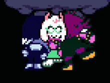 a pixel art drawing of a cat with glasses and a purple hair