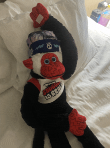 a stuffed monkey is wearing a shirt that says " the swag is real "