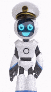 a robot wearing a captain 's hat is smiling