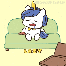 a cartoon of a unicorn sitting on a couch eating pizza