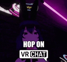 a girl in a hat is talking in a speech bubble and saying `` hop on vr chat '' .