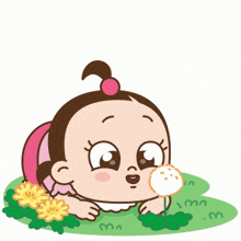 a cartoon of a baby blowing a dandelion with chinese writing behind her