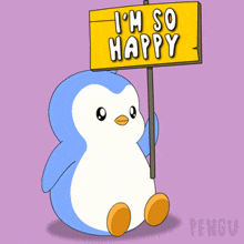 a penguin is holding up a sign that says i 'm so happy