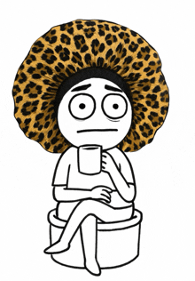 a cartoon character wearing a leopard print hat sits on a toilet holding a cup of coffee