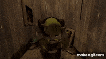 a person is standing in front of a wooden door in a game .