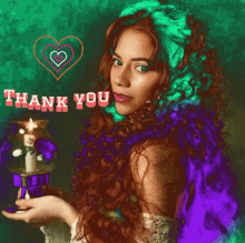 a woman with red hair is holding a candle and the words thank you are behind her