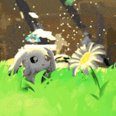 a cartoon bunny is sitting in the grass with a flower on its head