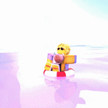 a cartoon character is floating on a raft on the beach