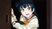 a girl in a school uniform is standing in a dark room with the words nyxe must retreat above her