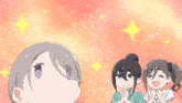 a girl with purple eyes looks up at a boy with a gray haircut
