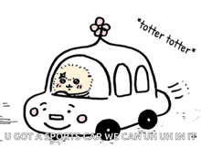 a drawing of a hedgehog in a sports car with the words " totter totter " above it