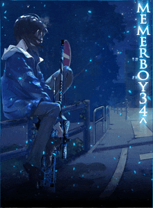 a drawing of a person sitting on a fence with the words menerboy34 written on the bottom