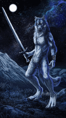 a painting of a werewolf holding a sword in front of a mountain