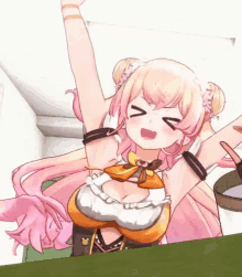 a cartoon girl with pink hair and a huge breast is making a funny face