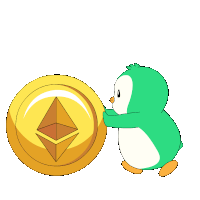 a penguin is holding a gold coin with an ethereum symbol on it