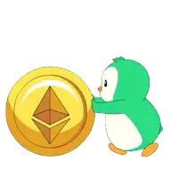a penguin is holding a gold coin with an ethereum symbol on it