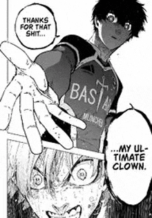 a black and white drawing of a man giving a peace sign to another man in a soccer uniform .