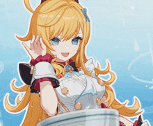 a girl with blonde hair and blue eyes is wearing a white top